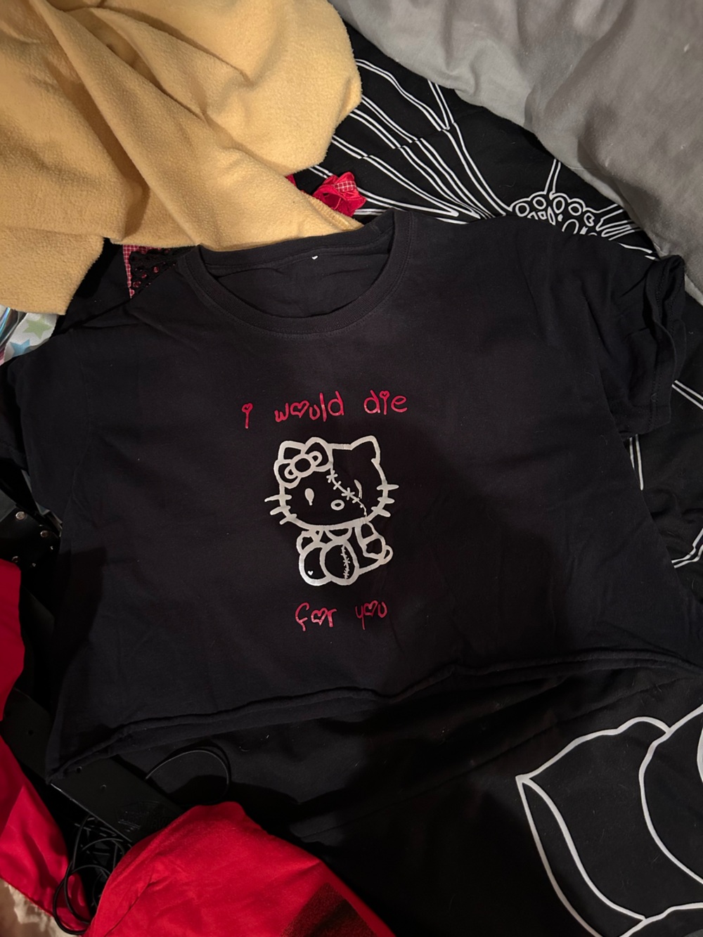 Black cropped  Tee with Hello kitty &Red Accents